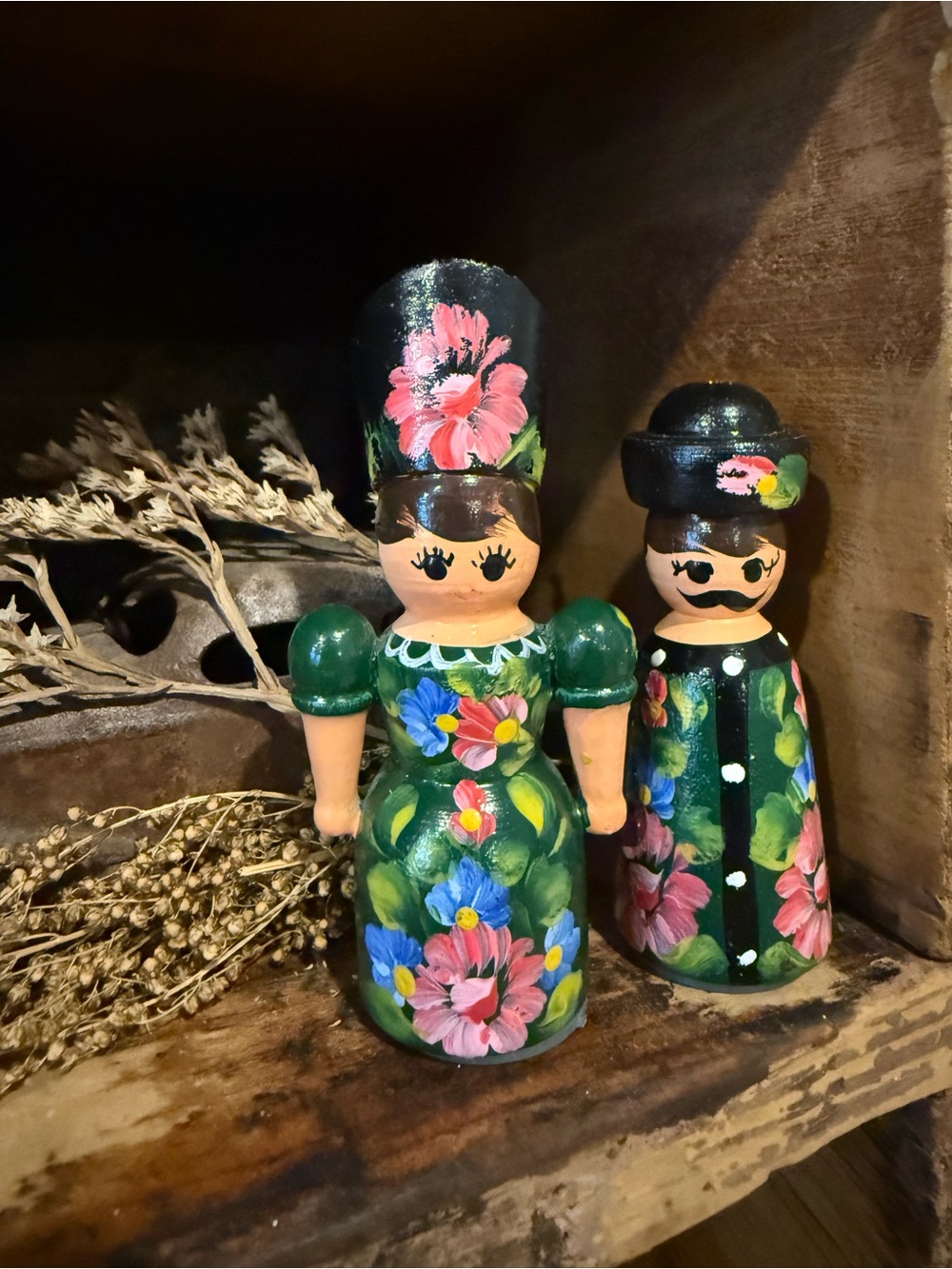 Vintage Hand-Painted Floral Wooden Couple Figurines Hungary
